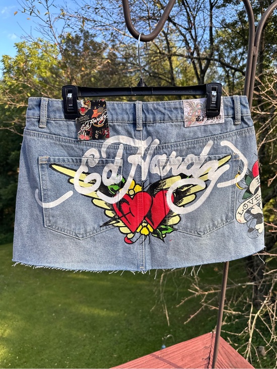 Ed Hardy Dresses & Skirts - Ed Hardy Light Blue Denim Skull Painted Mini Skirt NWT Y2K